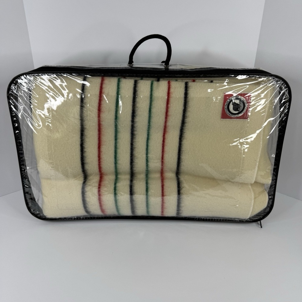 VTG Pendleton Yellowstone‎ Park Blanket 100% Virgin Wool Ivory Striped 86" x 69"